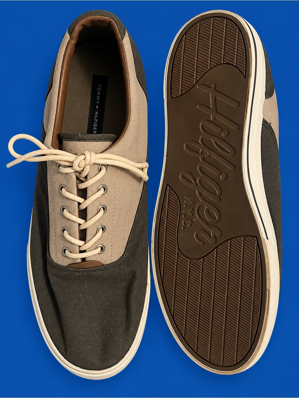 Tommy Hilfiger Men's Two-Tone Canvas Sneakers in Beige & Grey